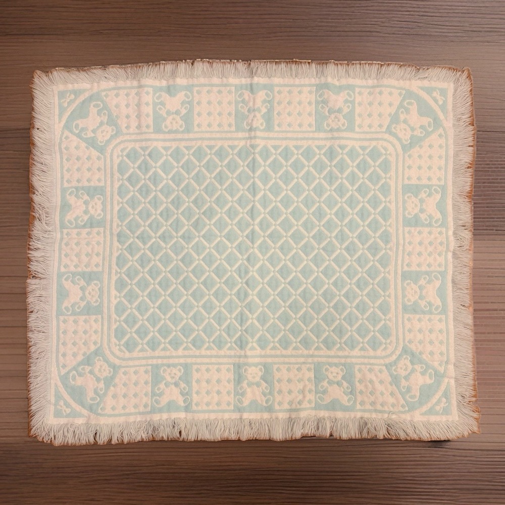 Vintage Pastel Blue White Teddy Bear Woven Acrylic Baby Blanket Fringe Trim EUC